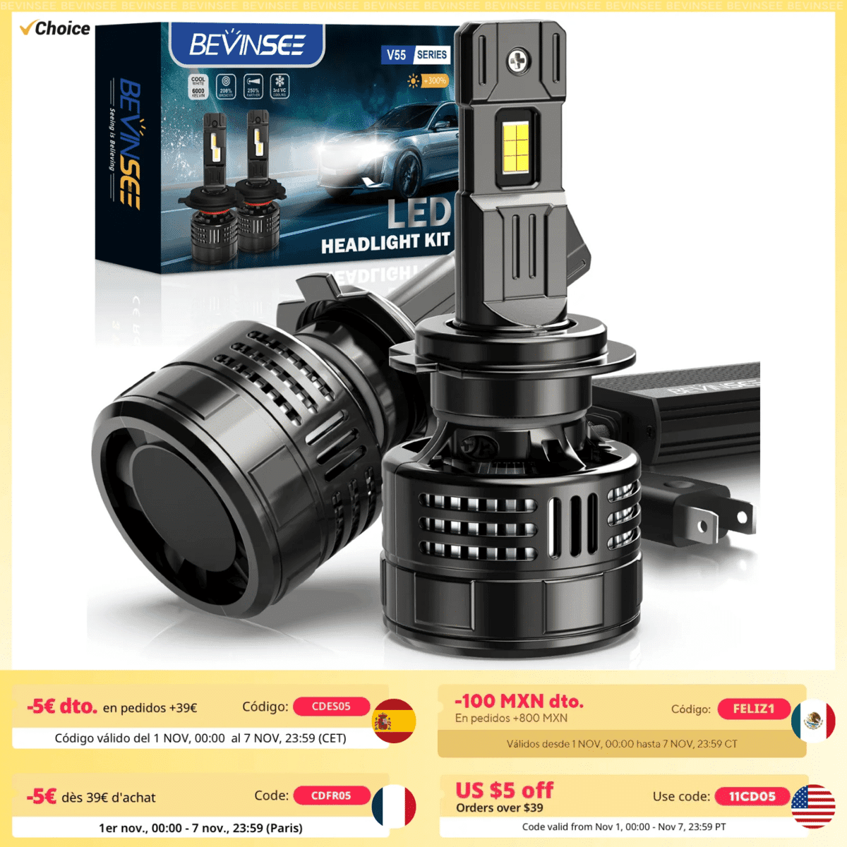 Bevinsee V55 150W LED 차량용 헤드라이트 전구 – 고광도 28000LM, H7, H4, H11, 9005, HB3, 9012 호환 - 알리익스프레스 직구